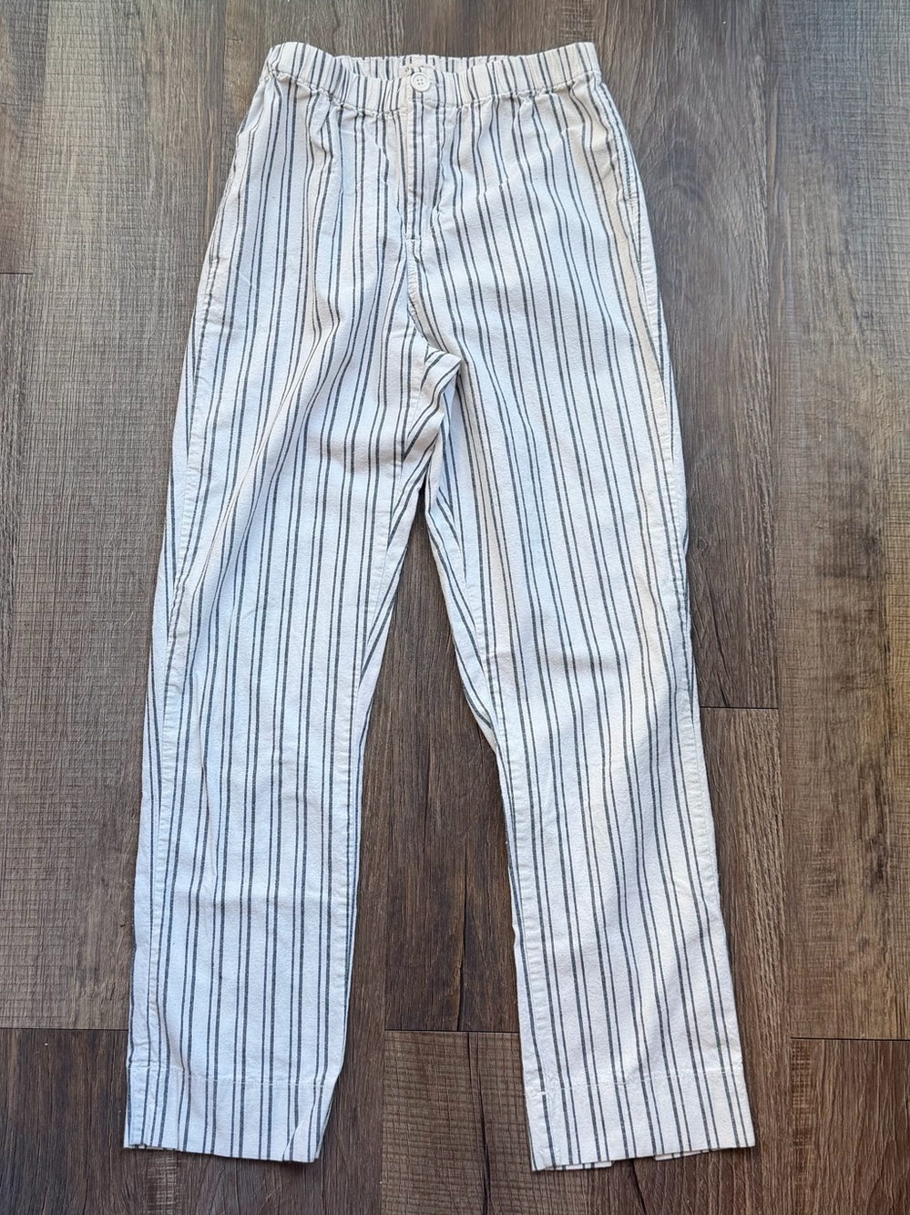 White Pants with Grey Vertical Stripes